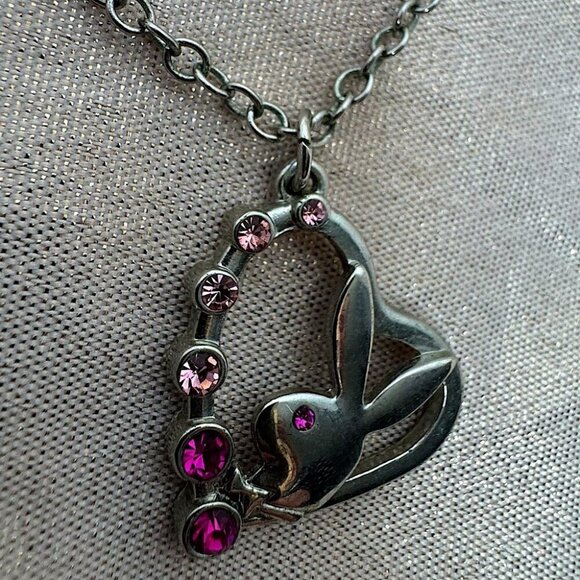 PLAYBOY Jewelry - Playboy bunny necklace pink jewel diamonds silver chain link 1953 rabbit head